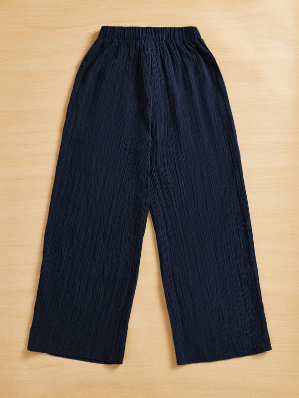 Essnce pantalones casuales de pernera ancha de 7/8 con textura y cintura anudada de unicolor para mujer