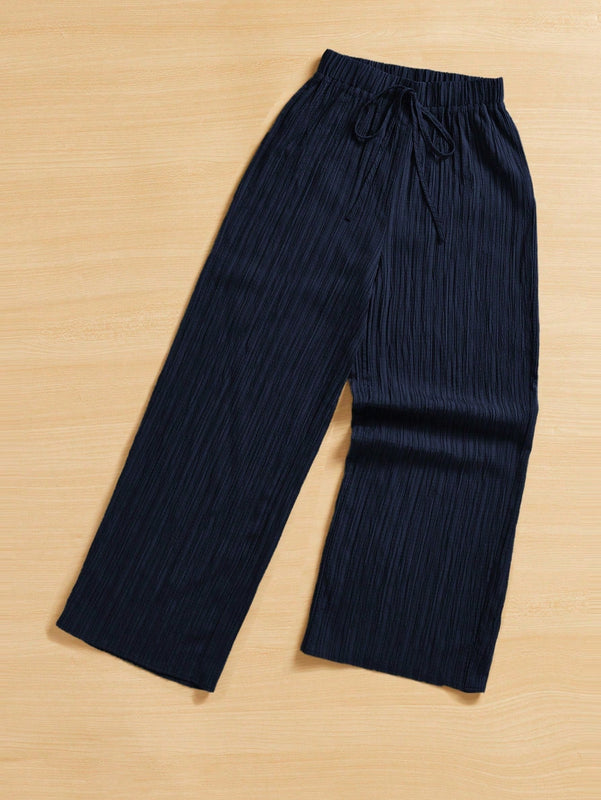 Essnce pantalones casuales de pernera ancha de 7/8 con textura y cintura anudada de unicolor para mujer