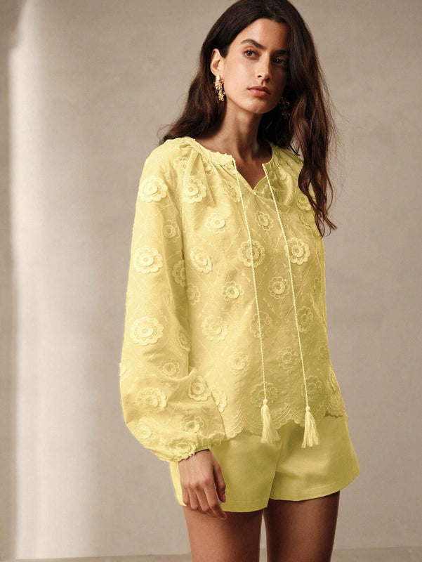 Anewsta Camisa casual de manga larga con cuello en V y lazo delantero con estampado floral para mujer
