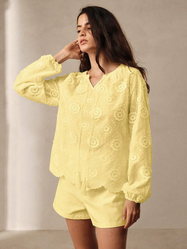 Anewsta Camisa casual de manga larga con cuello en V y lazo delantero con estampado floral para mujer