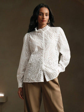 Anewsta Blusa con cuello alto, mangas farol y encaje hueco amarillo para mujer
