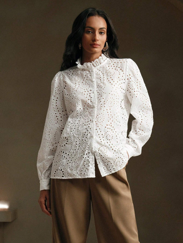 Anewsta Blusa con cuello alto, mangas farol y encaje hueco amarillo para mujer