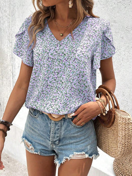 Blusa casual con escote en V, mangas con volantes y estampado floral diminuto para mujeres