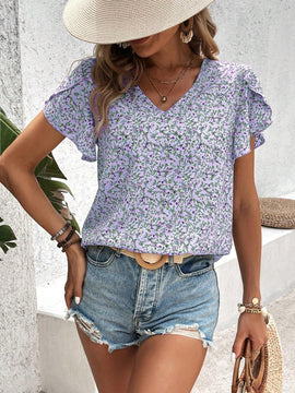 Blusa casual con escote en V, mangas con volantes y estampado floral diminuto para mujeres