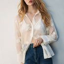Blusa casual de manga larga con cuello bordado para mujer, elegante y suave