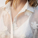 Blusa casual de manga larga con cuello bordado para mujer, elegante y suave