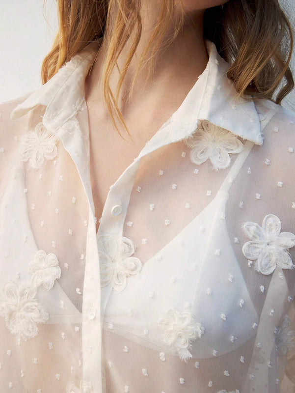 Blusa casual de manga larga con cuello bordado para mujer, elegante y suave