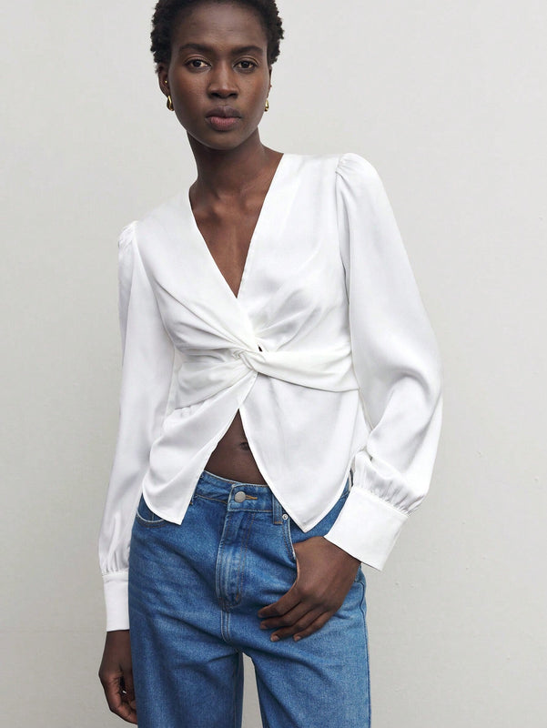 Blusa elegante con nudo en la parte delantera para oficina para mujer