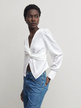 Blusa elegante con nudo en la parte delantera para oficina para mujer