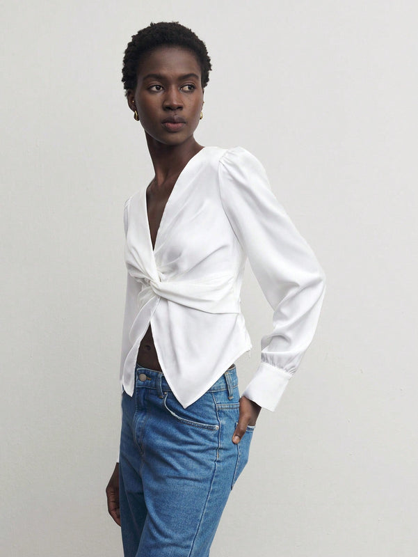Blusa elegante con nudo en la parte delantera para oficina para mujer