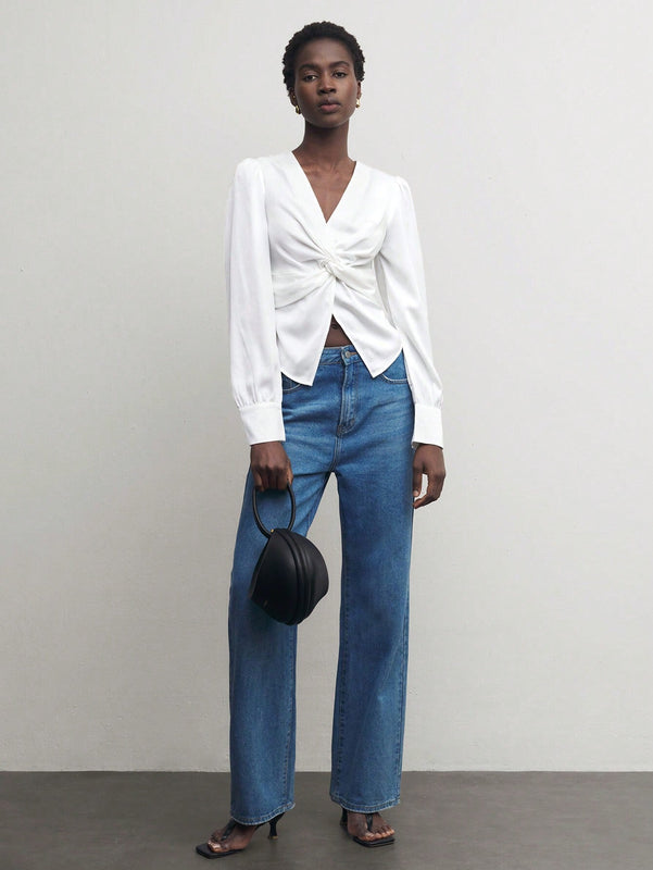 Blusa elegante con nudo en la parte delantera para oficina para mujer
