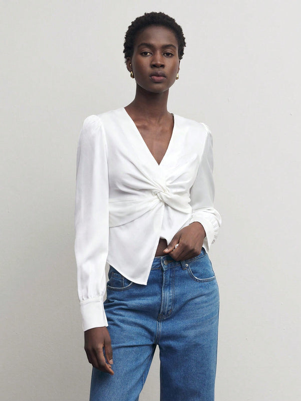 Blusa elegante con nudo en la parte delantera para oficina para mujer