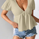 Blusa plisada de manga corta con escote en V para mujer, para uso casual diario