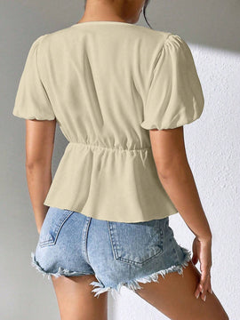 Blusa plisada de manga corta con escote en V para mujer, para uso casual diario