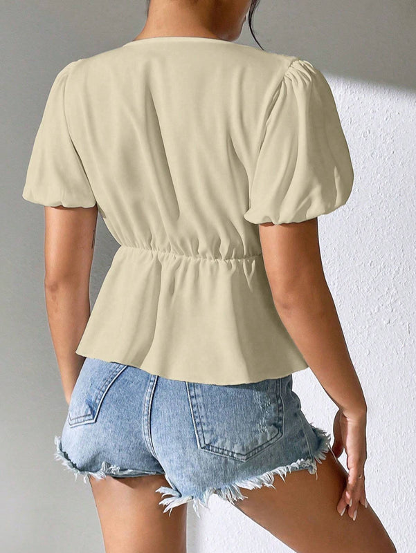 Blusa plisada de manga corta con escote en V para mujer, para uso casual diario