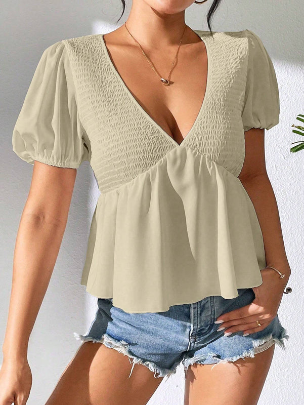 Blusa plisada de manga corta con escote en V para mujer, para uso casual diario