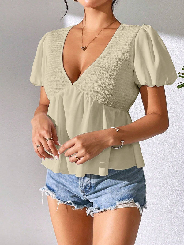 Blusa plisada de manga corta con escote en V para mujer, para uso casual diario
