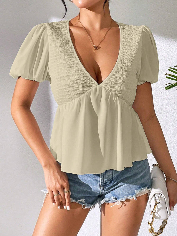 Blusa plisada de manga corta con escote en V para mujer, para uso casual diario