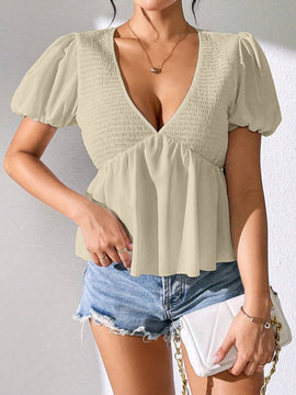 Blusa plisada de manga corta con escote en V para mujer, para uso casual diario