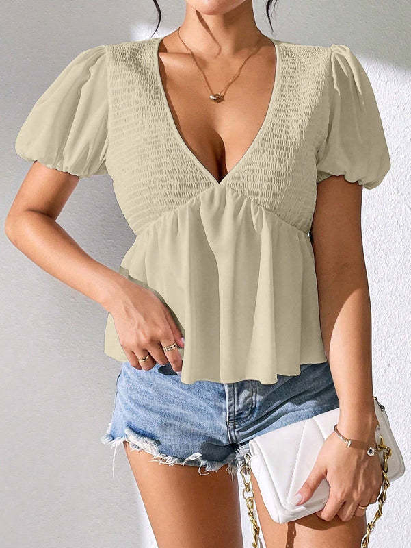 Blusa plisada de manga corta con escote en V para mujer, para uso casual diario