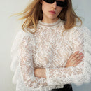 Blusa casual transparente de manga larga con botones en la espalda y bordado, de unicolor, para el ocio diario y las vacaciones