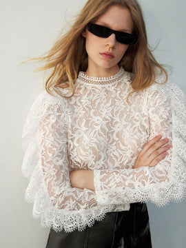 Blusa casual transparente de manga larga con botones en la espalda y bordado, de unicolor, para el ocio diario y las vacaciones