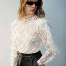 Blusa casual transparente de manga larga con botones en la espalda y bordado, de unicolor, para el ocio diario y las vacaciones