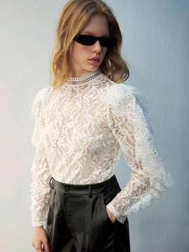 Blusa casual transparente de manga larga con botones en la espalda y bordado, de unicolor, para el ocio diario y las vacaciones
