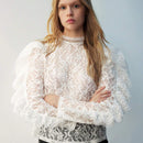 Blusa casual transparente de manga larga con botones en la espalda y bordado, de unicolor, para el ocio diario y las vacaciones
