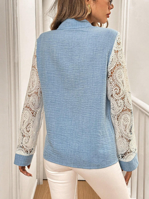 Blusa de manga larga con efecto de mezclilla y ribete de encaje en contraste (estampado aleatorio) para mujer