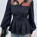 Blusa elegante de manga larga con cintura cenida, de malla transparente con estampado floral patchwork (estampado aleatorio)