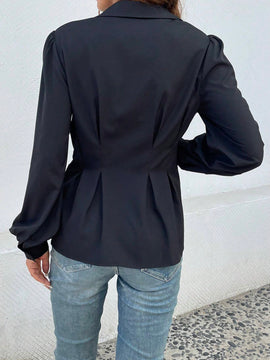 Blusa elegante de manga larga con cintura cenida, de malla transparente con estampado floral patchwork (estampado aleatorio)