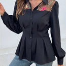 Blusa elegante de manga larga con cintura cenida, de malla transparente con estampado floral patchwork (estampado aleatorio)