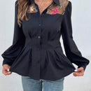 Blusa elegante de manga larga con cintura cenida, de malla transparente con estampado floral patchwork (estampado aleatorio)