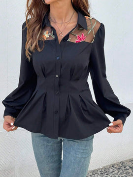 Blusa elegante de manga larga con cintura cenida, de malla transparente con estampado floral patchwork (estampado aleatorio)
