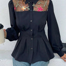 Blusa elegante de manga larga con cintura cenida, de malla transparente con estampado floral patchwork (estampado aleatorio)