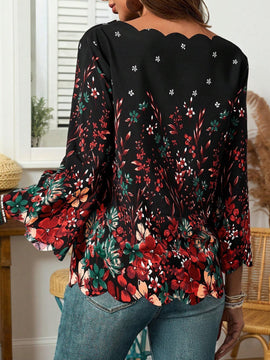 EMERY ROSE Camisa larga de manga larga para mujer con estampado floral y cuello de encaje decorado