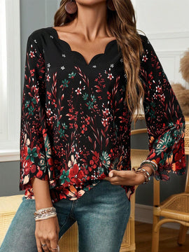 EMERY ROSE Camisa larga de manga larga para mujer con estampado floral y cuello de encaje decorado
