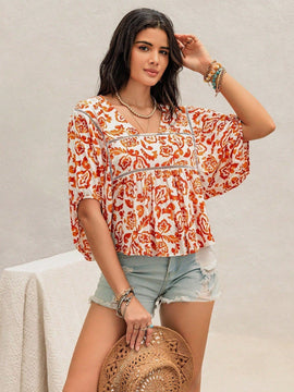 Rusttydustty Camisa corta casual de cuello cuadrado blanco bohemio para vacaciones