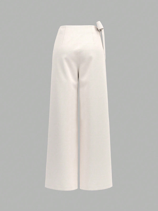 Prive pantalones anchos de cintura alta de apariencia de lino caqui para mujer