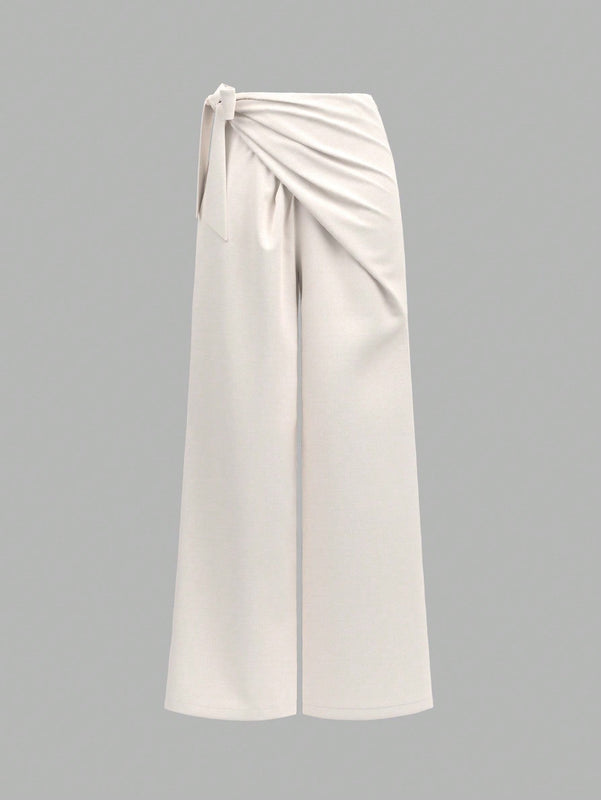 Prive pantalones anchos de cintura alta de apariencia de lino caqui para mujer