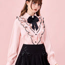 ROMWE Kawaii Blusa de manga larga con botones al frente, dobladillo con volantes y ribete de contraste, uso casual de todos los dias para mujeres