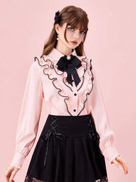 ROMWE Kawaii Blusa de manga larga con botones al frente, dobladillo con volantes y ribete de contraste, uso casual de todos los dias para mujeres