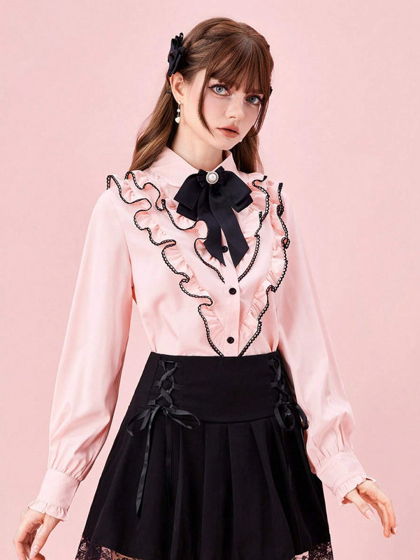 ROMWE Kawaii Blusa de manga larga con botones al frente, dobladillo con volantes y ribete de contraste, uso casual de todos los dias para mujeres