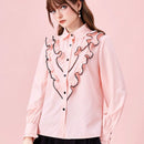 ROMWE Kawaii Blusa de manga larga con botones al frente, dobladillo con volantes y ribete de contraste, uso casual de todos los dias para mujeres