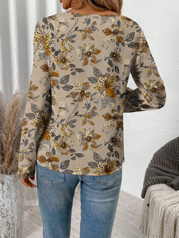 EMERY ROSE Blusa casual de manga larga con estampado floral en todo el Body y calados para mujer