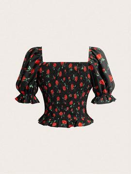Camisa elegante de manga corta al azar con impresion para uso diario de mujer