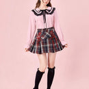 ROMWE Kawaii Blusa casual de manga larga con cierre de botones delanteros, cuello Peter Pan y panel de encaje