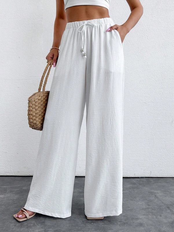 Mujeres pantalones rojos palazzo de pierna ancha con cintura elastica 339