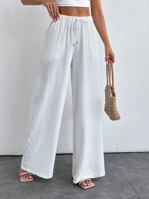 Mujeres pantalones rojos palazzo de pierna ancha con cintura elastica 339